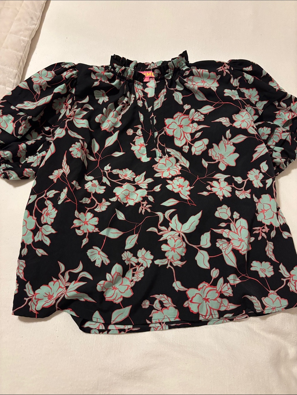 THML Black Floral Puff-Sleeve Blouse with Mint & Coral Accents